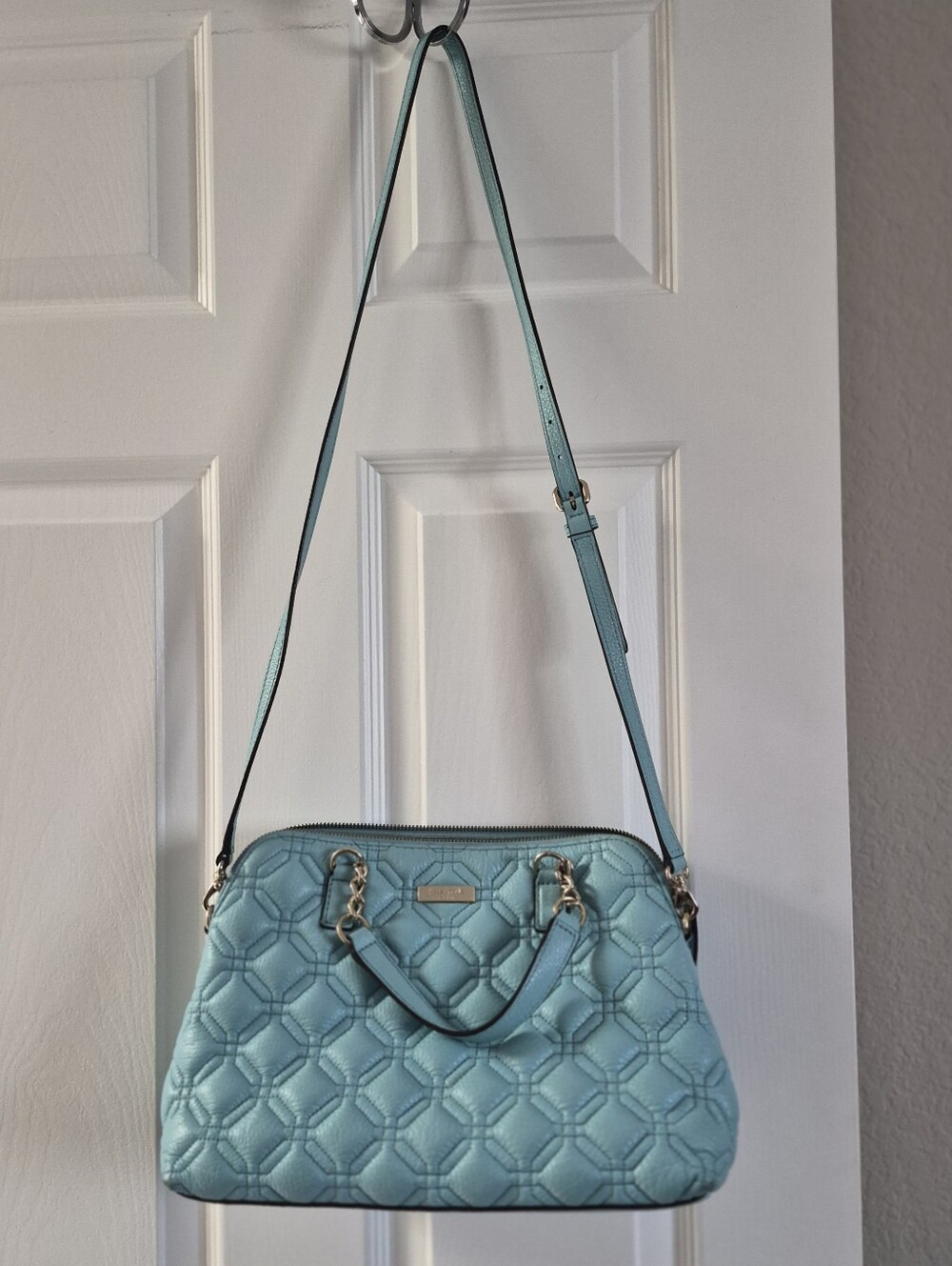 Kate Spade light blue quilted leather satchel with gold hardware Medium Size